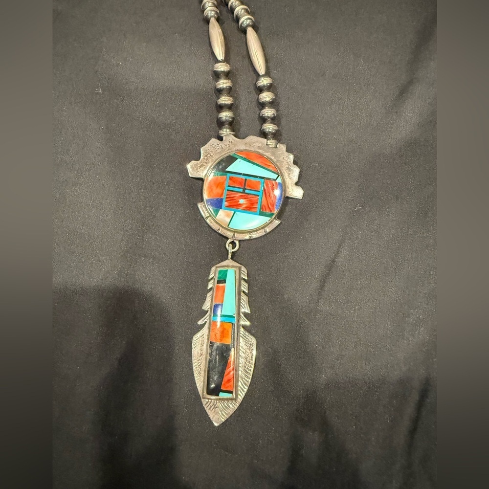 Vintage Sterling Silver Frank YellowHorse Pendant Beaded Chain Navajo Inlay - Picture 4 of 12